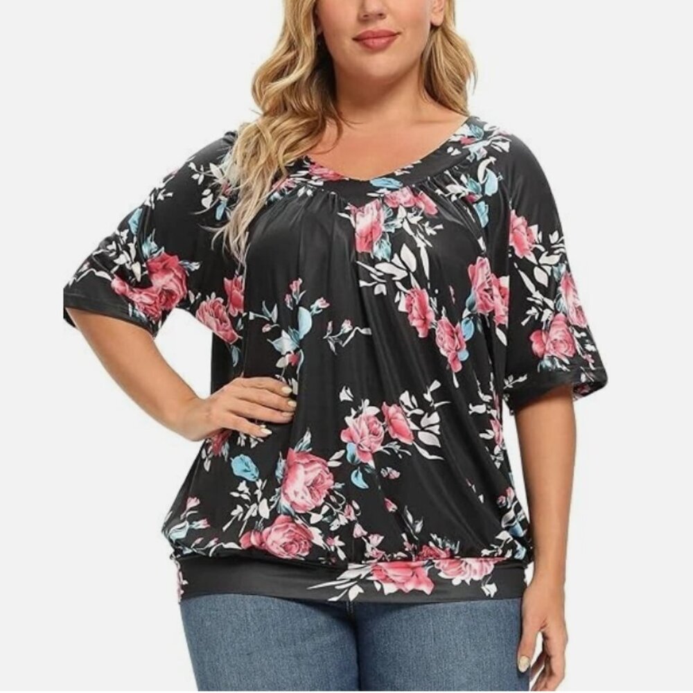andy‎ & natalie Women's Plus Size Pleated V Neck Loose Baggy Top 4XL Gray Floral
